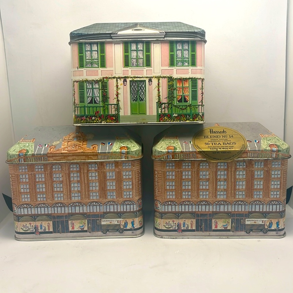 3 Harrods tea tins in the shape of cottages